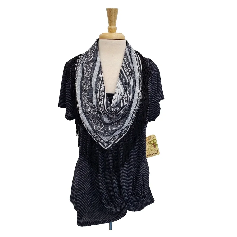 NWT OneWorld Scarf Neck Knit Top Womens 1X Gray Black‎ Paisley Short Sleeve - Picture 2 of 15